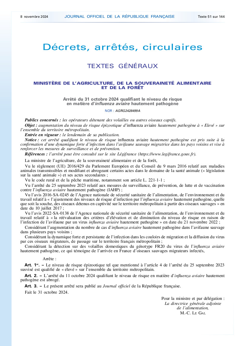 l'influenza aviaire hautement pathogène