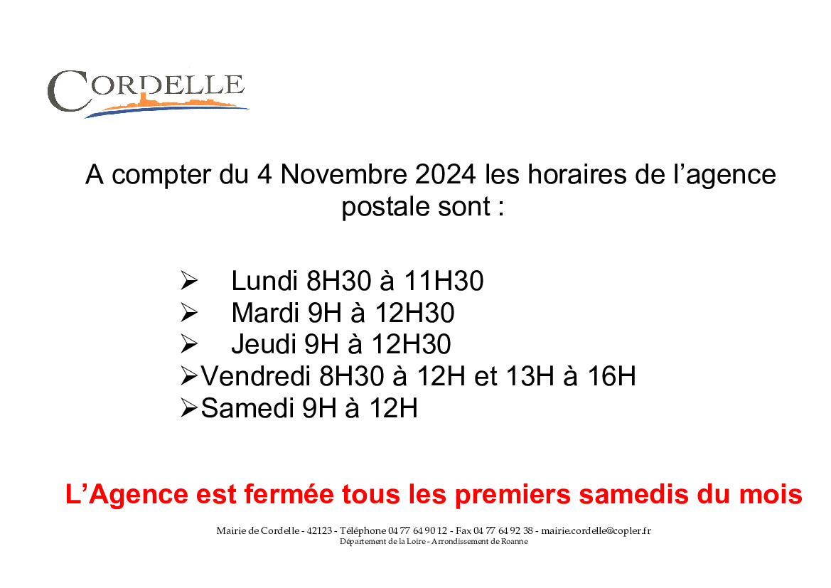 Nouveaux horaires agence postale à compter du 4 novembre