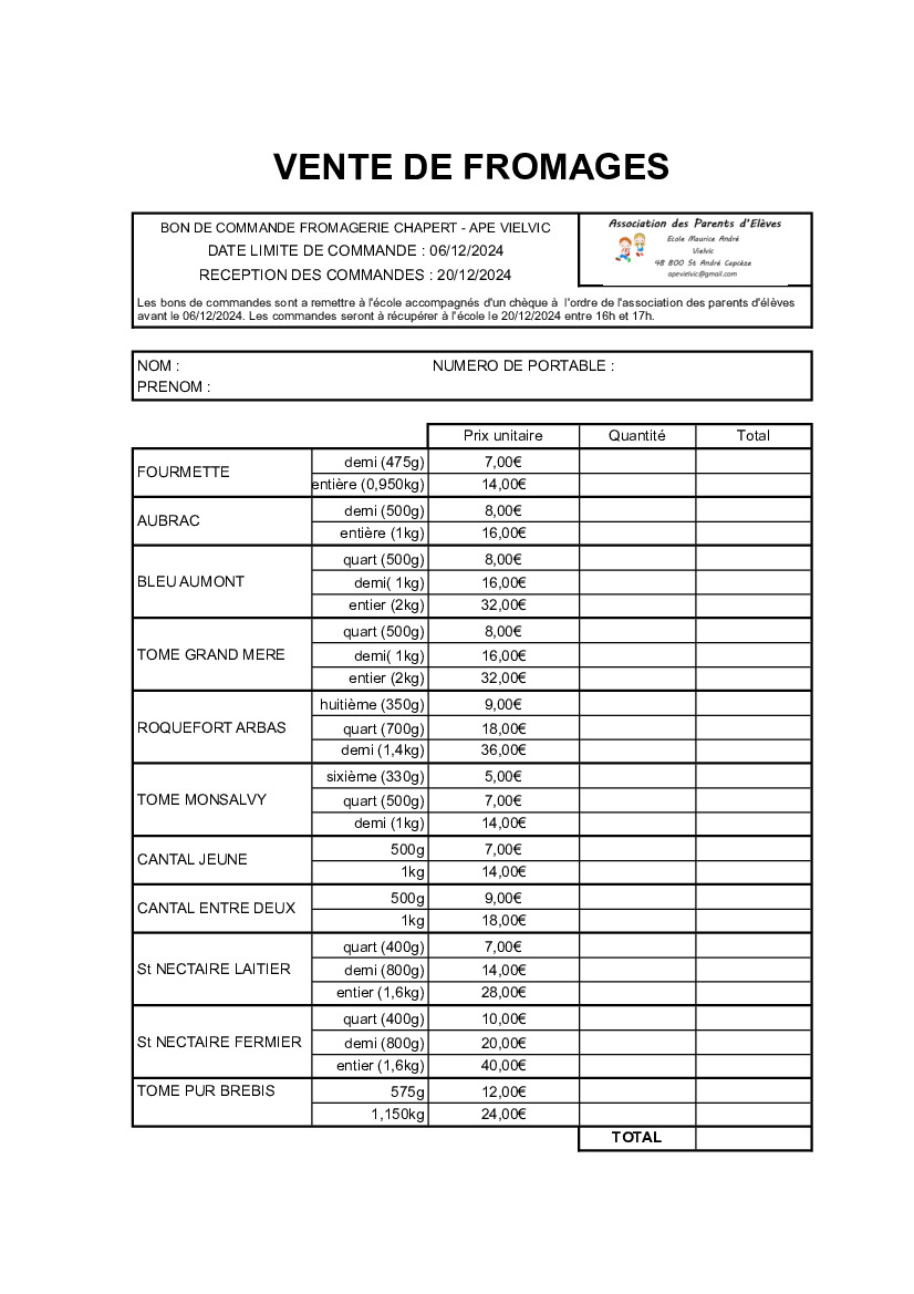 INFO - APE de Vielvic - Vente de Fromages