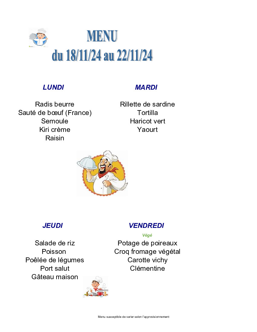 MENU DE LA CANTINE SCOLAIRE DU 18/11 AU 22/11