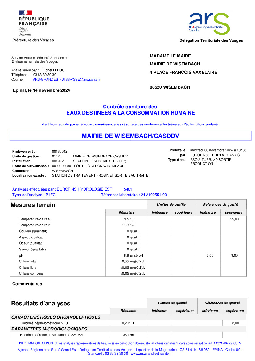 Contrôle sanitaire - Transmission d'un bulletin de résultat