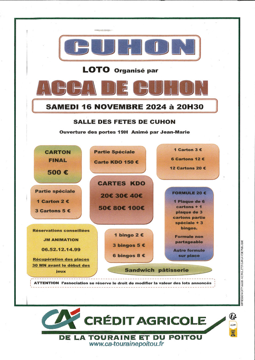 LOTO ACCA DE CUHON LE 16 NOVEMBRE 2024 A 20 H 30