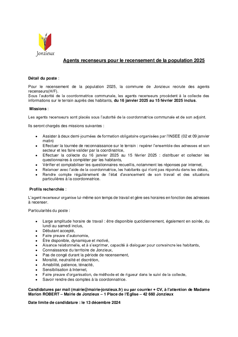 Recrutement pour le recensement de la population 2025