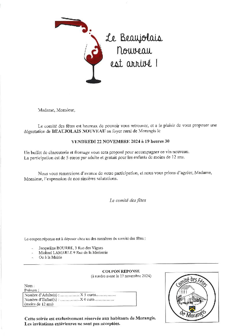 RAPPEL BEAUJOLAIS NOUVEAU 22 NOVEMBRE 2024