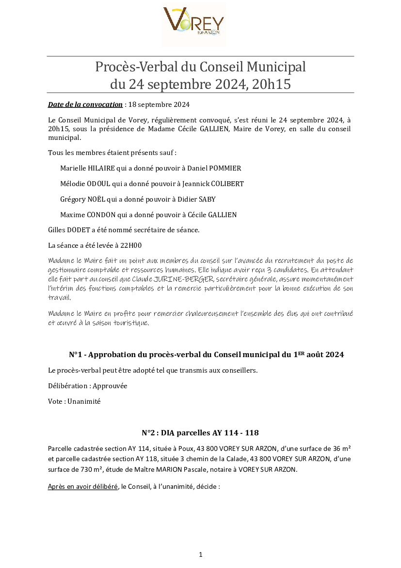 PV du Conseil du 24 Septembre 2024