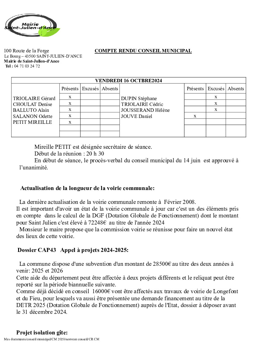 Compte-rendu du conseil municipal du 16 octobre.