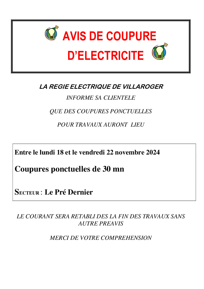 AVIS COUPURE ELECTRICITE LE PRE DERRIERE