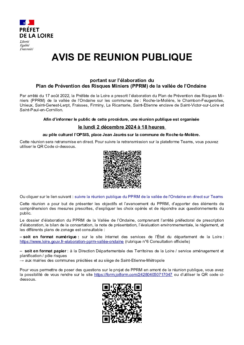 📢 Avis de Réunion Publique –PPRM de la Vallée de l'Ondaine