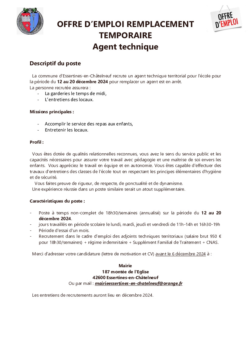 Offre d'emploi ponctuel pour l'école