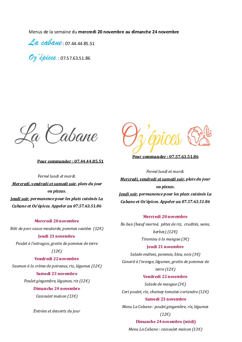 Menu au Couderc du mercredi 20 au dimanche 24 novembre