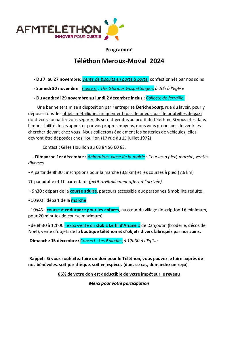 Programme Téléthon Meroux-Moval 2024