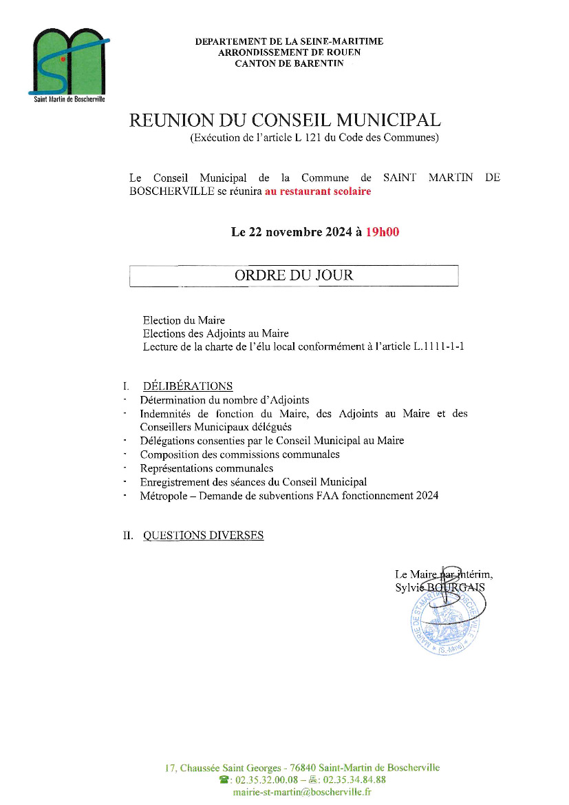 Réunion du conseil municipal : 22 novembre 2024