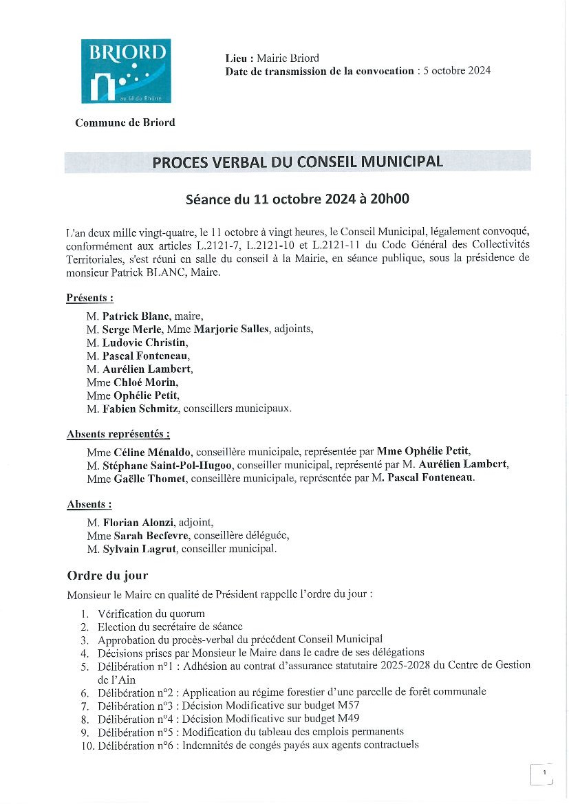 PV du conseil municipal de Briord du 11 octobre 2024