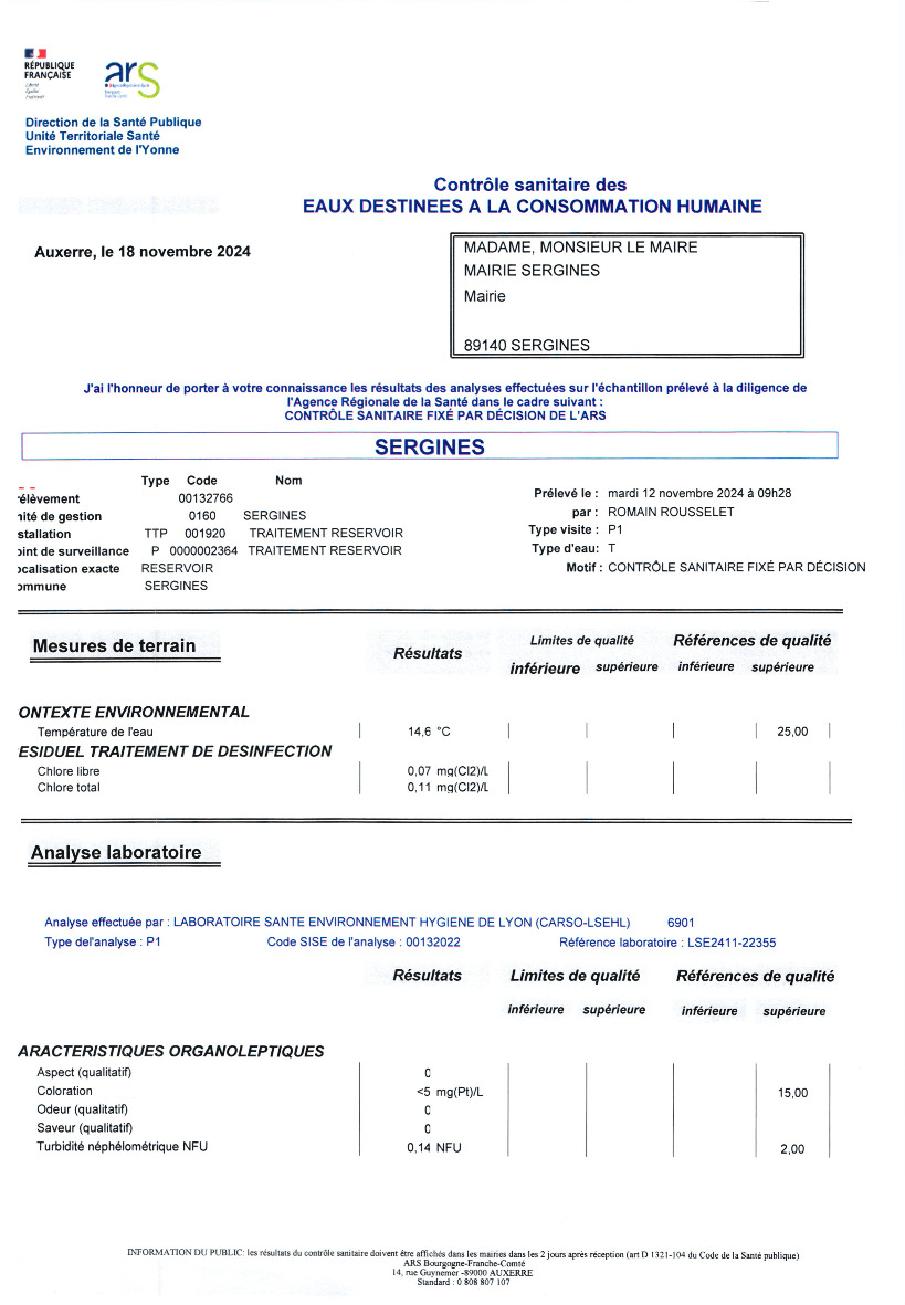 LES ANALYSES DE L' A.R.S DU MARDI 12 NOVEMBRE 2024