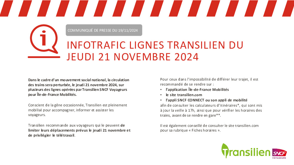 SNCF INFO TRAFIC :  jeudi 21 novembre 2024