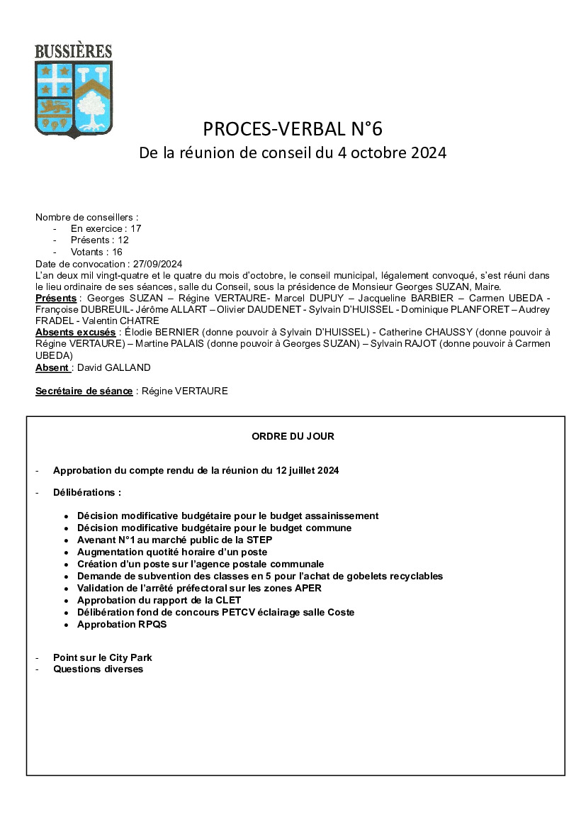 Procès verbal de la réunion de conseil du 4 octobre 2024