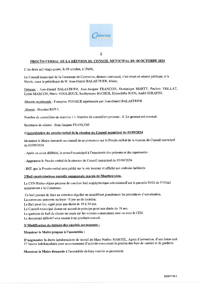 Procès-verbal de la réunion du Conseil municipal du 08/10/24