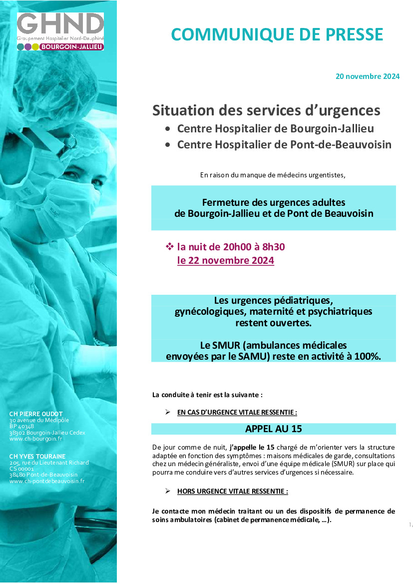 COMMUNIQUE DE PRESSE - Fermeture services urgences adultes