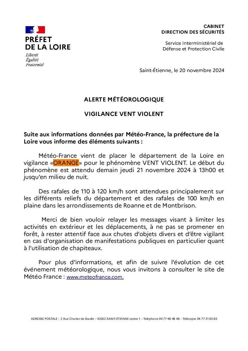 Vigilance ORANGE vent violent - LOIRE-