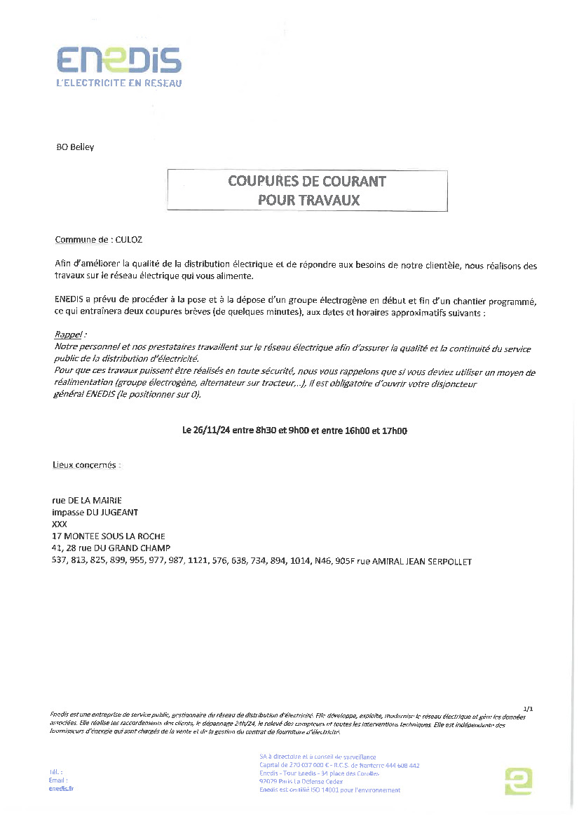 Coupures de courant pour travaux 26 novembre