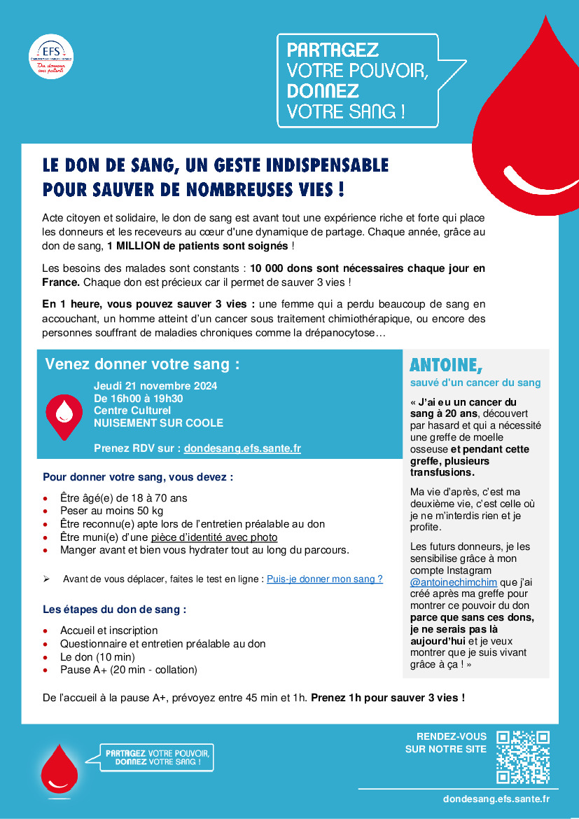 Don de sang 💉👩‍⚕️ Aujourd'hui de 16h00 à 19h30