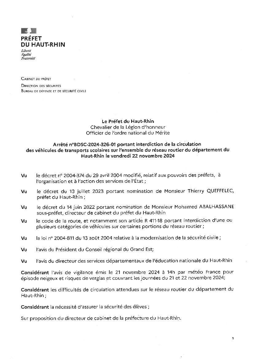 Transport scolaire : circulation interdite le 22/11/2024