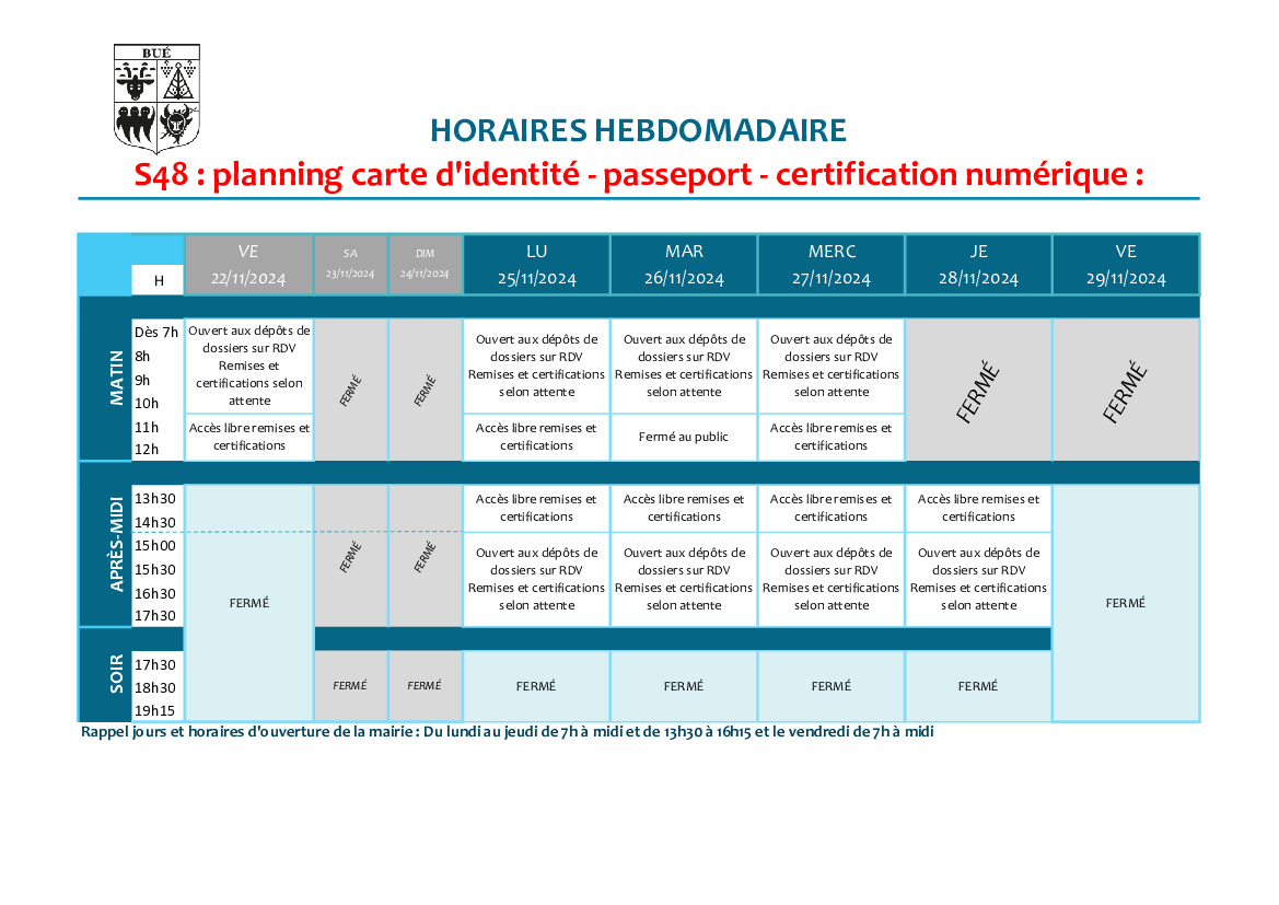 Planning d'ouverture S48