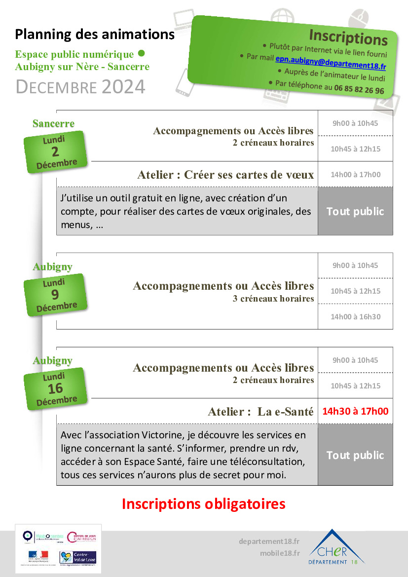 Planning Espace Public Numérique décembre 2024