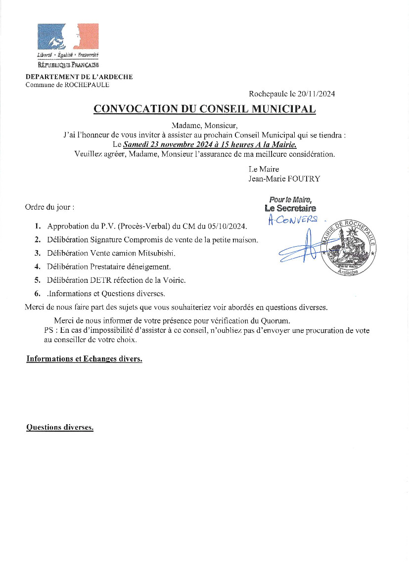 Conseil Municipal samedi 23 novembre 2024