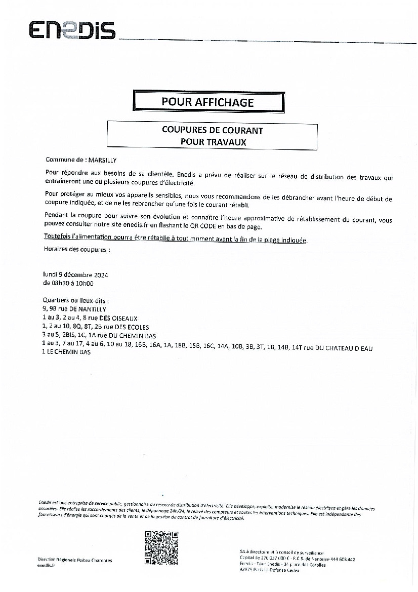 Coupures de courant pour travaux - ENEDIS