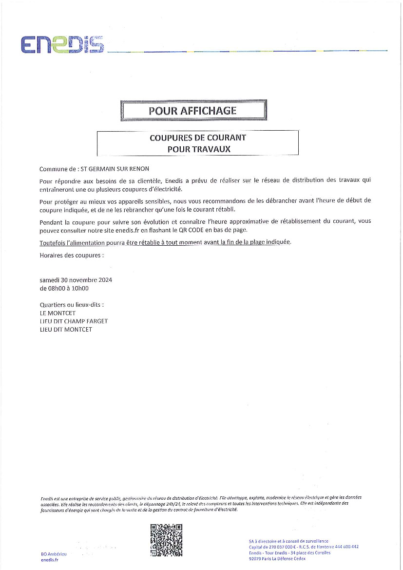 COUPURE DE COURANT POUR TRAVAUX