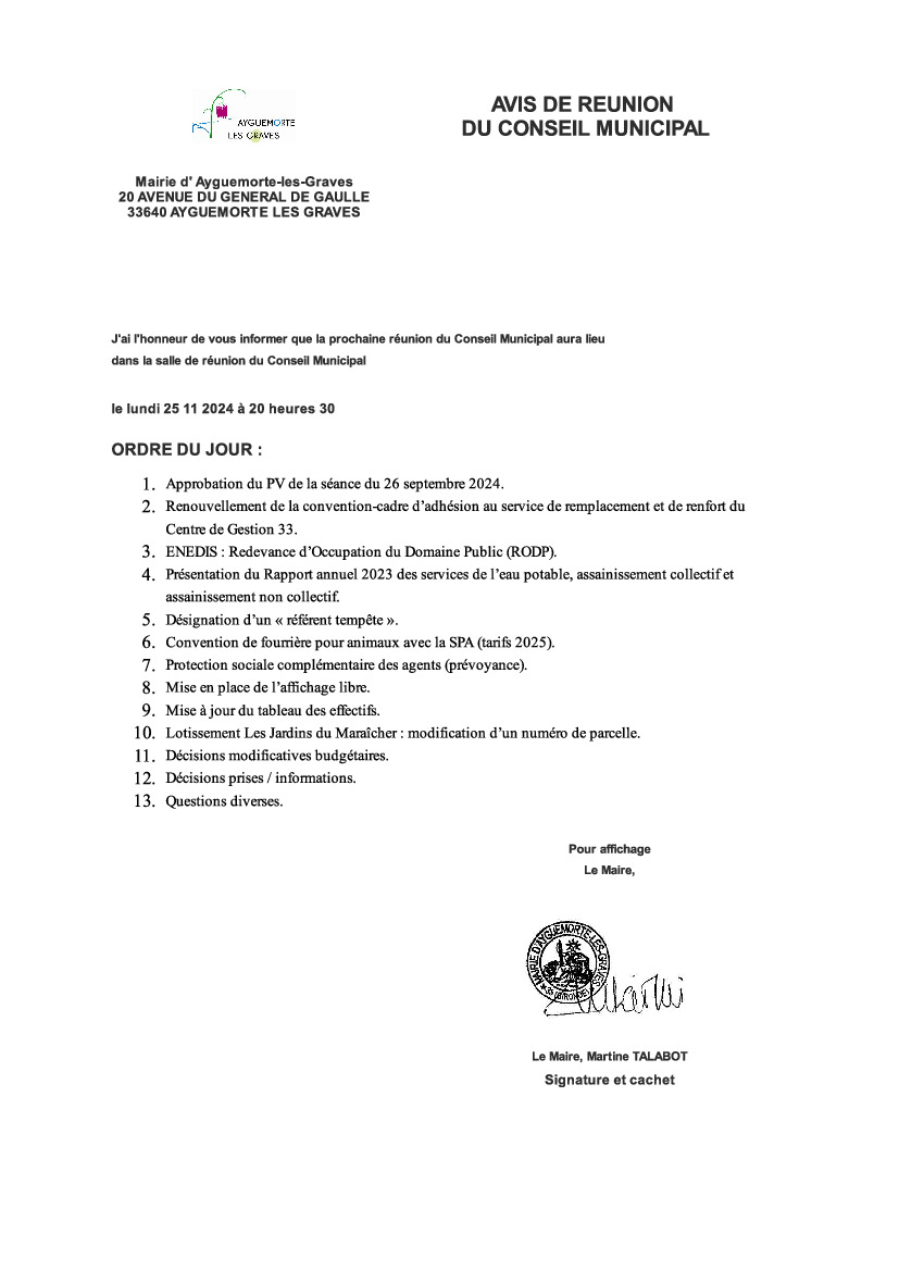 Réunion du Conseil Municipal: Lundi 25 novembre 2024 - 20h30