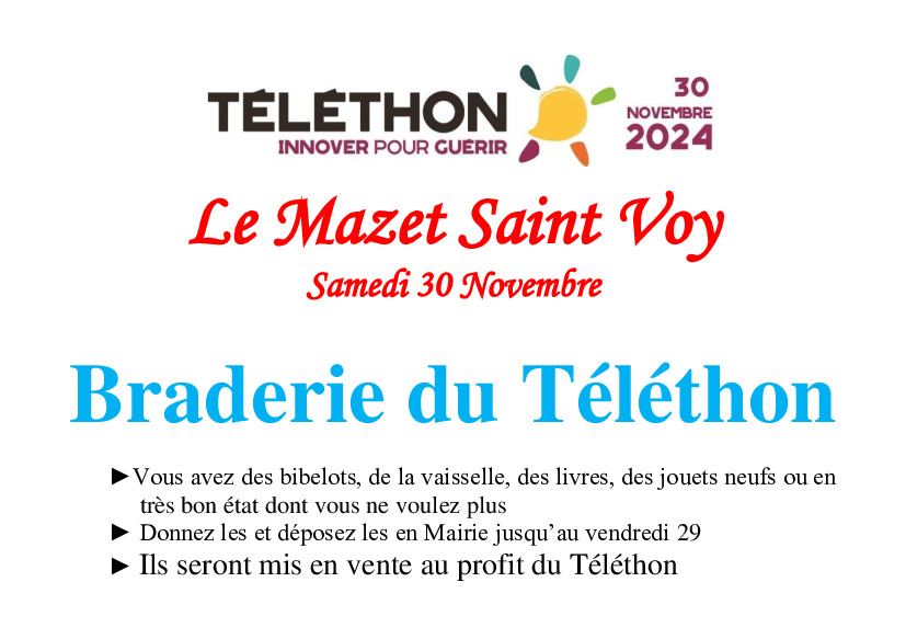 Braderie  Téléthon  samedi 30 déposez vos objets en mairie