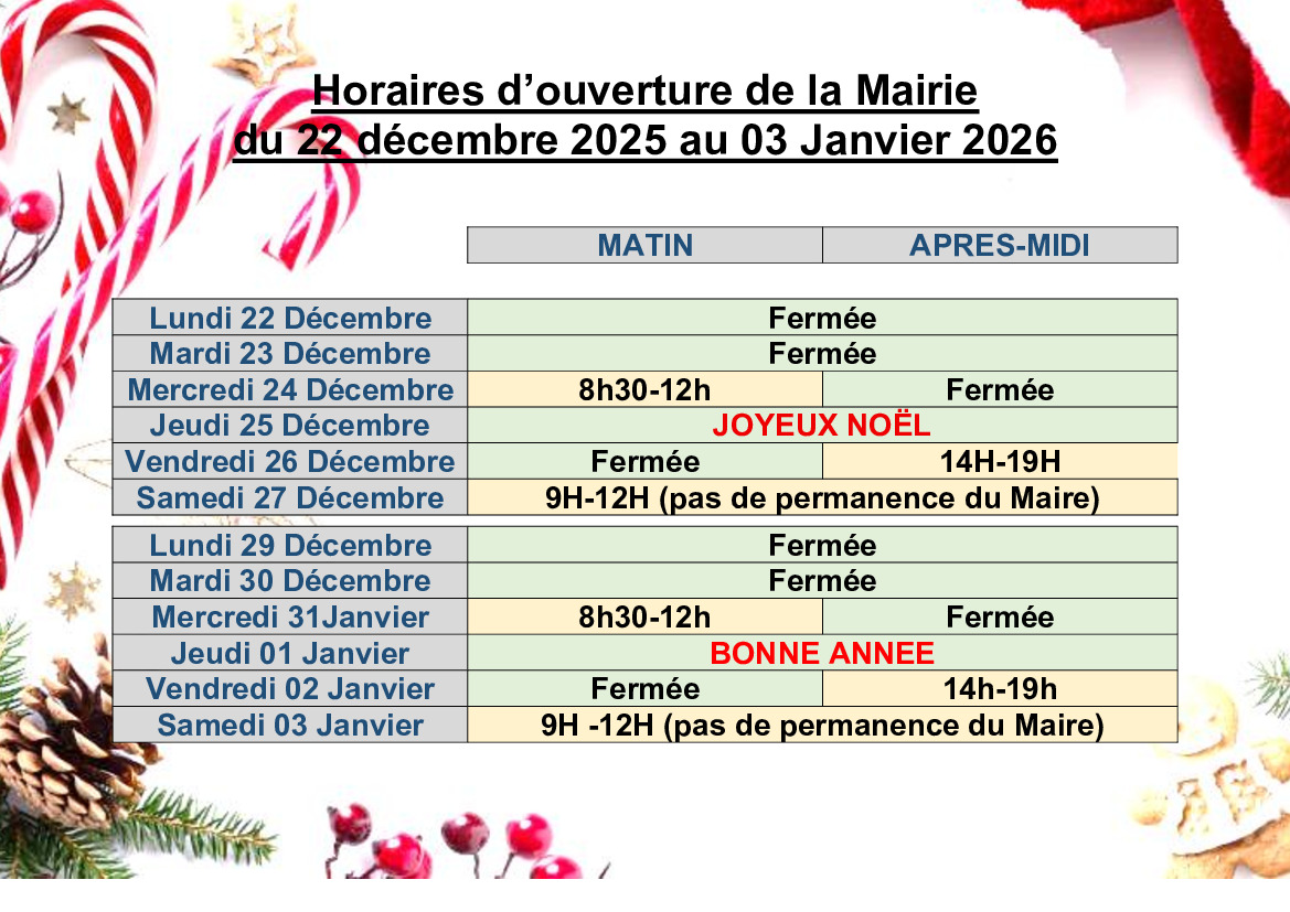 Horaires Mairie DECEMBRE 2025