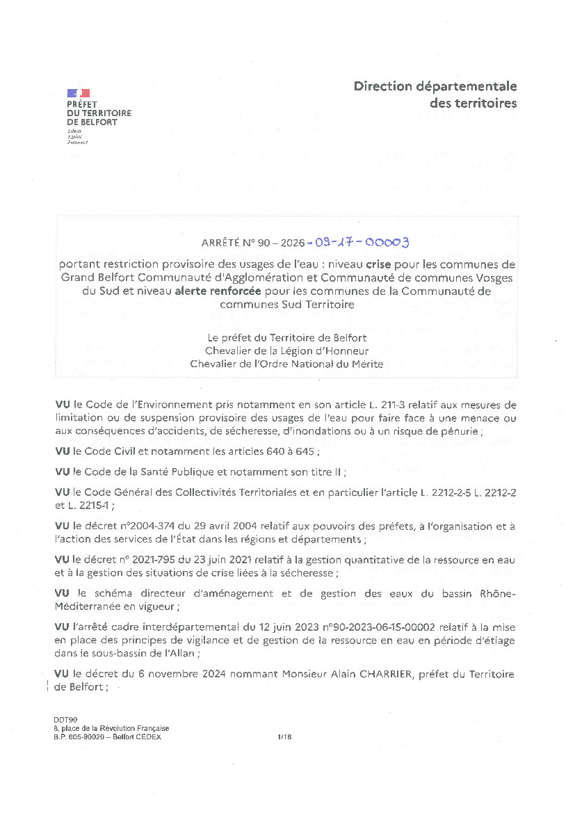 Modification arrêté préfectoral : usage de l'eau