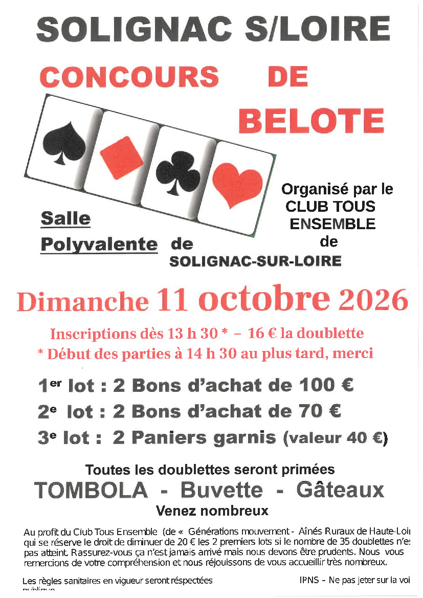🃏 Rappel: Concours de Belote Dimanche 11 Octobre