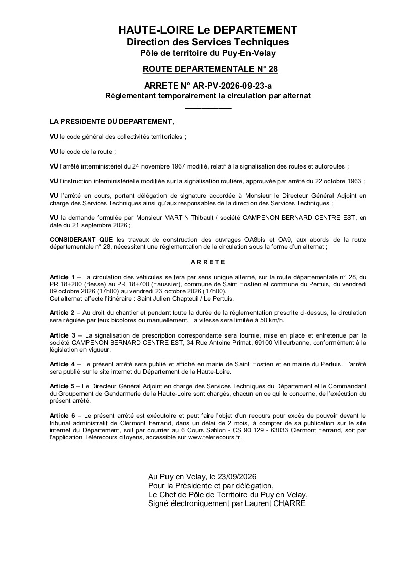 ARRETE REGLEMENTANT LA CIRCULATION RD28
