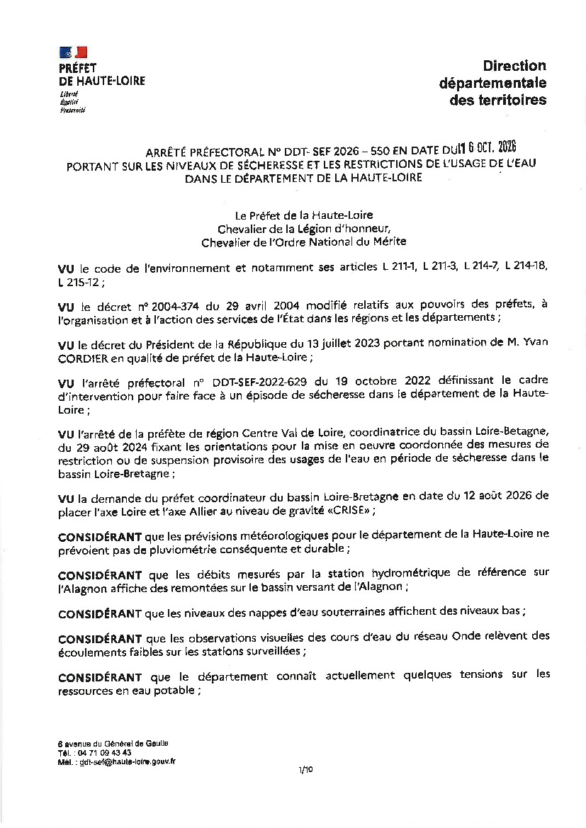 Arrêté sècheresse N° 550